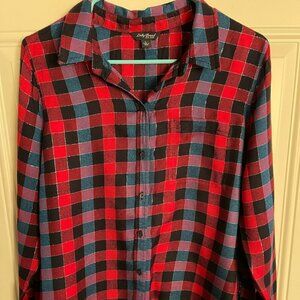 LUCKY Brand Shirt Women Size L Red Blue Plaid Long Sleeve Button Up Back Detail